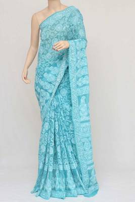 blue embroidered cotton saree with blouse 3