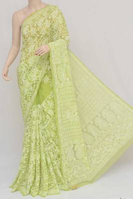 green embroidered faux georgette saree with blouse 1