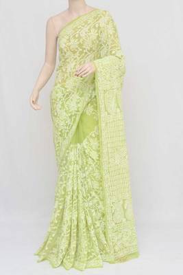 green embroidered faux georgette saree with blouse 3