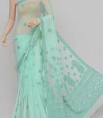 green embroidered faux georgette saree with blouse
