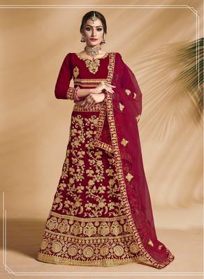 Red Embroidered Velvet Semi Stitched Lehenga 1