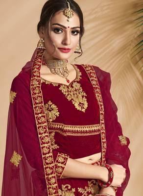 Red Embroidered Velvet Semi Stitched Lehenga 2