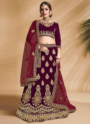 Maroon Embroidered Velvet Semi Stitched Lehenga 1