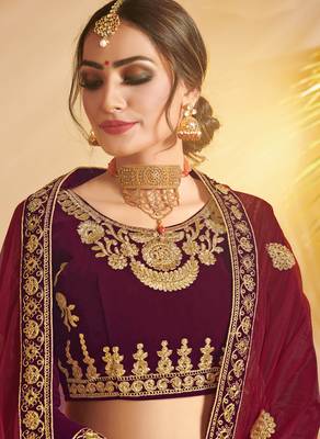 Maroon Embroidered Velvet Semi Stitched Lehenga 2
