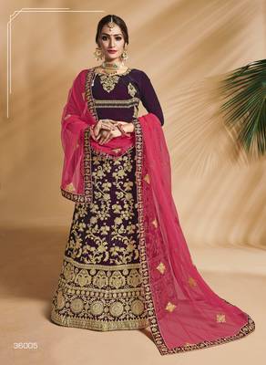 Purple Embroidered Velvet Semi Stitched Lehenga 1