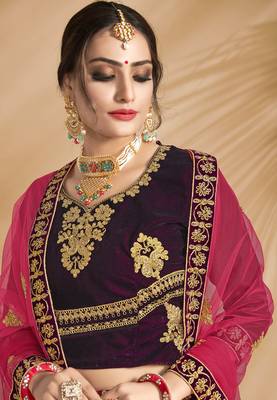 Purple Embroidered Velvet Semi Stitched Lehenga 2