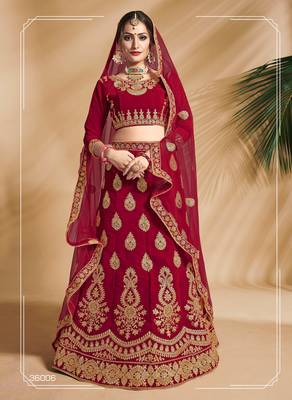 Red Embroidered Velvet Semi Stitched Lehenga 1