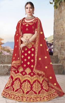 Red Embroidered Velvet Semi Stitched Lehenga 1