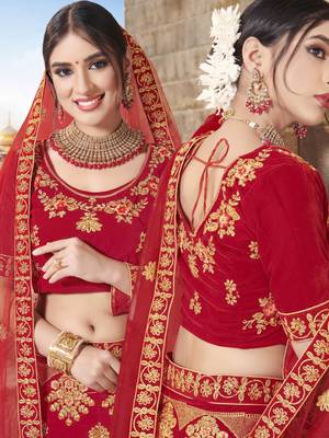 Red Embroidered Velvet Semi Stitched Lehenga 2