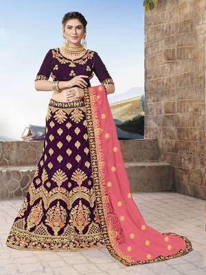 Purple Embroidered Velvet Semi Stitched Lehenga 1