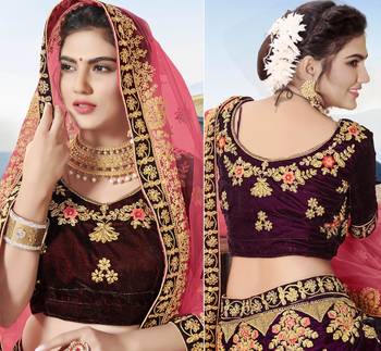 Purple Embroidered Velvet Semi Stitched Lehenga 2