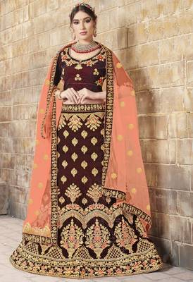 Maroon Embroidered Velvet Semi Stitched Lehenga 1