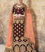 Maroon Embroidered Velvet Semi Stitched Lehenga