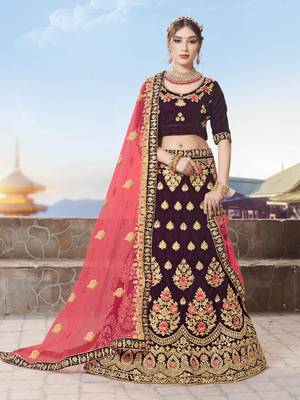 Purple Embroidered Velvet Semi Stitched Lehenga 1