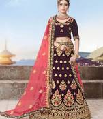 Purple Embroidered Velvet Semi Stitched Lehenga