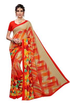 Red Printed Georgette Saree With Blouse 1