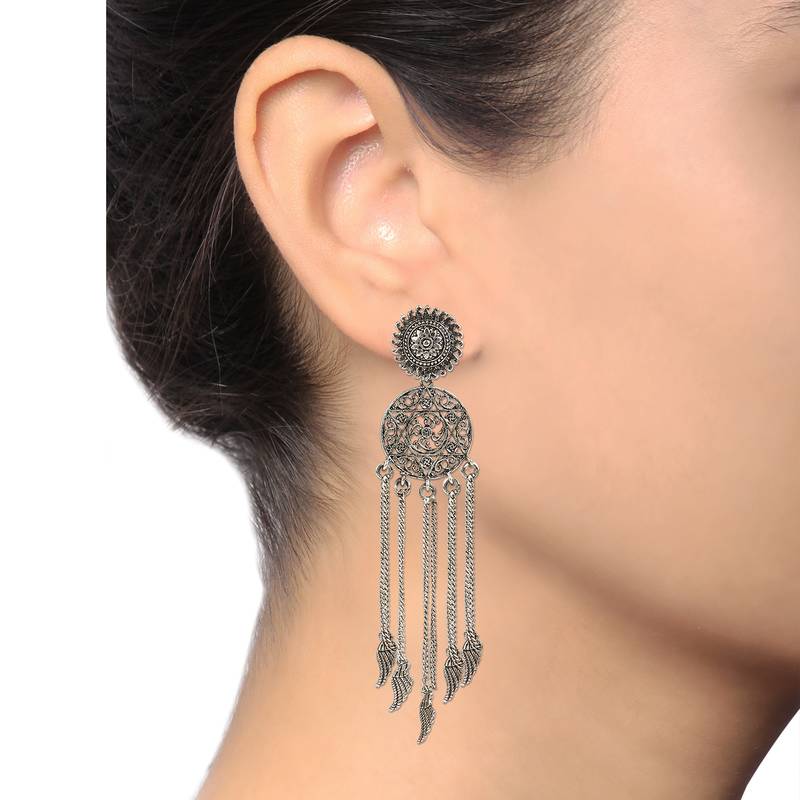 Afghani Tribal Oxidized Bohemian Navratri Silver Earrings For Women