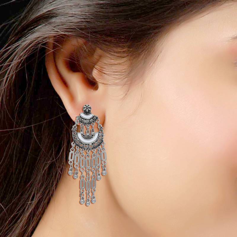 Bohemian Afghani Oxidized Silver Chandbali Earrings For Women