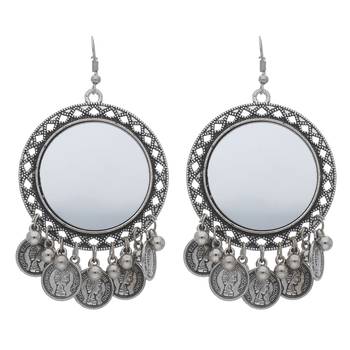 Bohemian Afghani Oxidized Silver Chandbali Mirror Work Earrings For Women 1