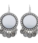 Bohemian Afghani Oxidized Silver Chandbali Mirror Work Earrings For Women