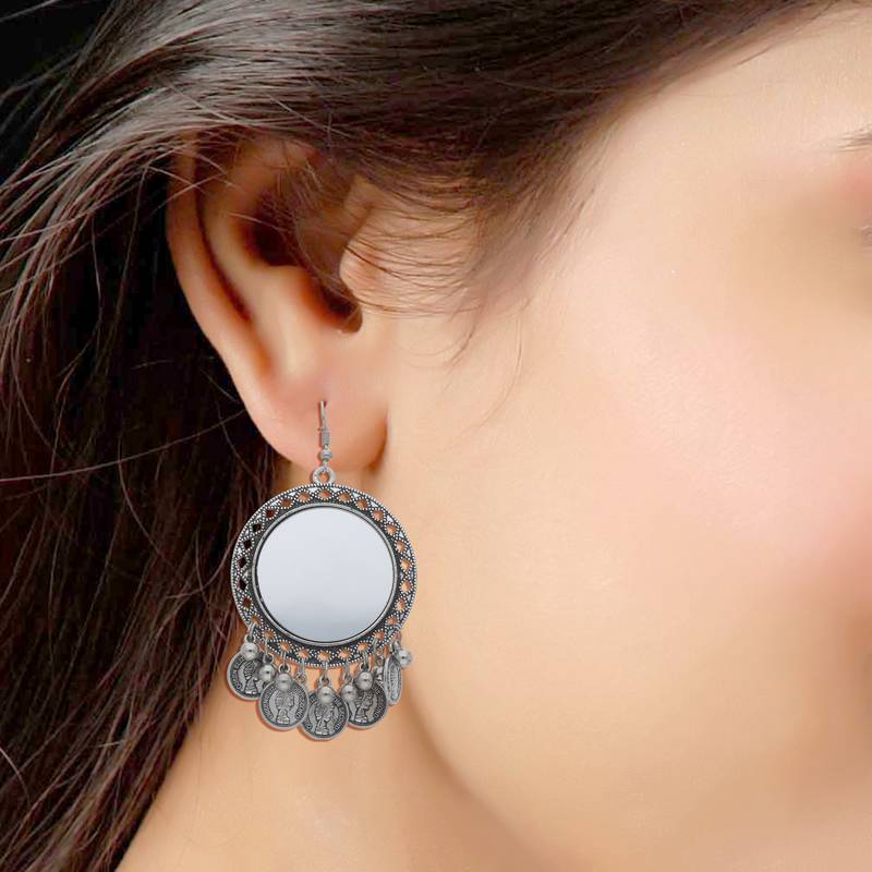 Bohemian Afghani Oxidized Silver Chandbali Mirror Work Earrings For Women