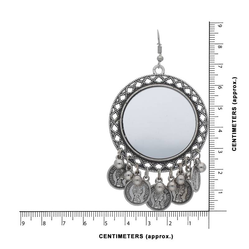 Bohemian Afghani Oxidized Silver Chandbali Mirror Work Earrings For Women