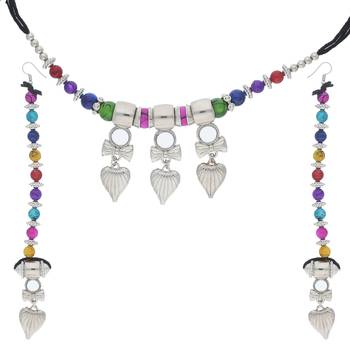 Oxidised Silver Plated Multi Colour Necklace Set With Earrings For Women 1