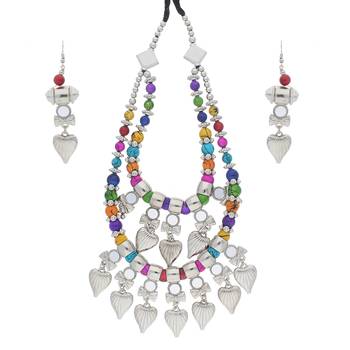 Oxidised Silver Plated Multi Colour Necklace Set With Earrings For Women 1