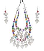 Oxidised Silver Plated Multi Colour Necklace Set With Earrings For Women