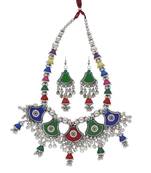 Oxidised Silver Plated Multi Colour Necklace Set With Earrings For Women