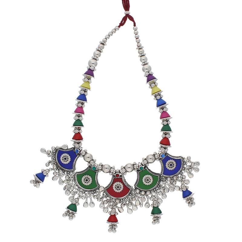 Oxidised Silver Plated Multi Colour Necklace Set With Earrings For Women
