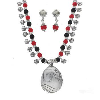 Oxidised Silver Plated Multi Colour Necklace Set With Earrings For Women 1