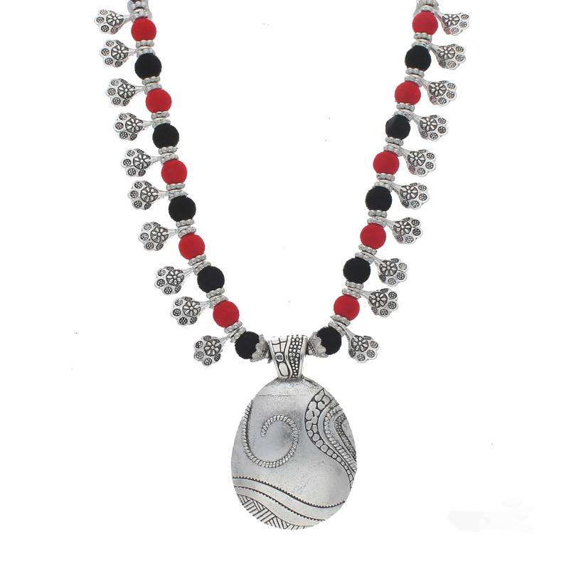 Oxidised Silver Plated Multi Colour Necklace Set With Earrings For Women