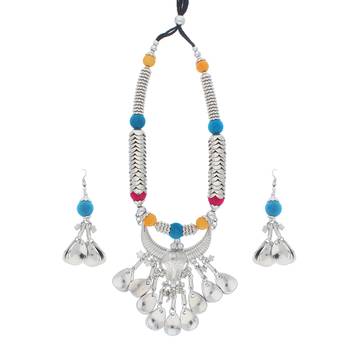 Oxidised Silver Plated Multi Colour Necklace Set With Earrings For Women 1