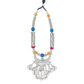 Oxidised Silver Plated Multi Colour Necklace Set With Earrings For Women 2