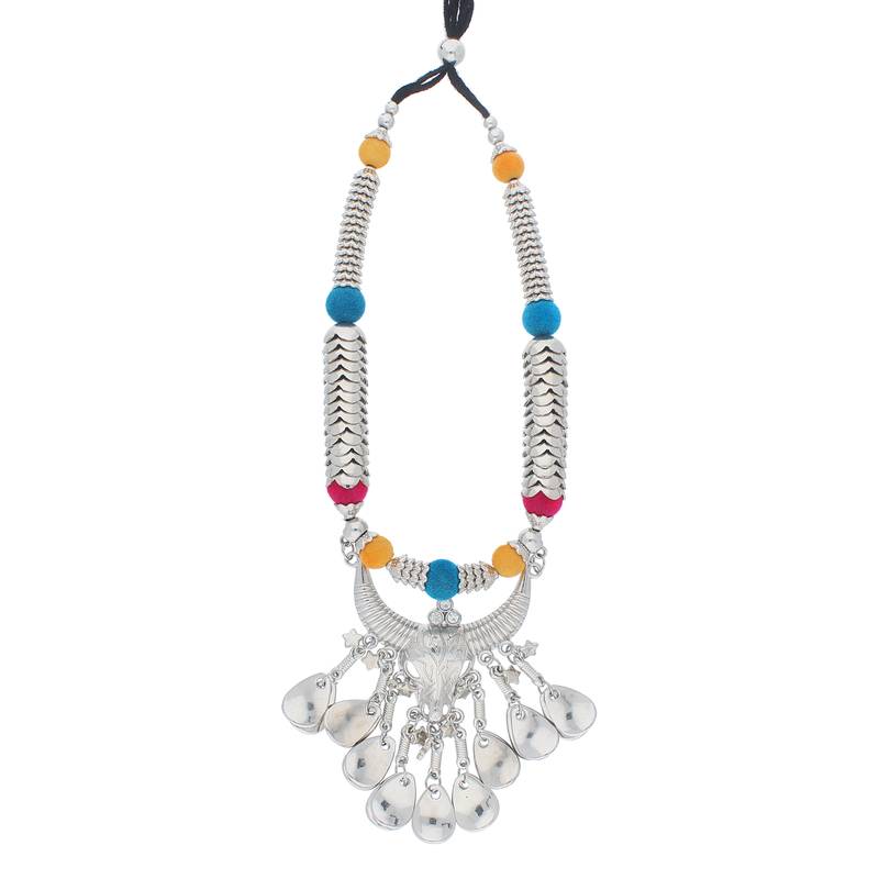 Oxidised Silver Plated Multi Colour Necklace Set With Earrings For Women