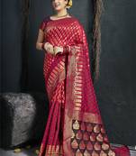 Dark pink woven silk saree with blouse