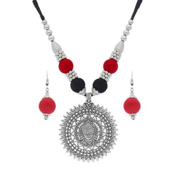 Oxidised Silver Plated Multi Colour Necklace Set With Earrings For Women 1