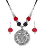 Oxidised Silver Plated Multi Colour Necklace Set With Earrings For Women