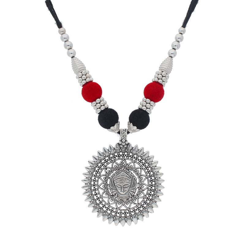 Oxidised Silver Plated Multi Colour Necklace Set With Earrings For Women