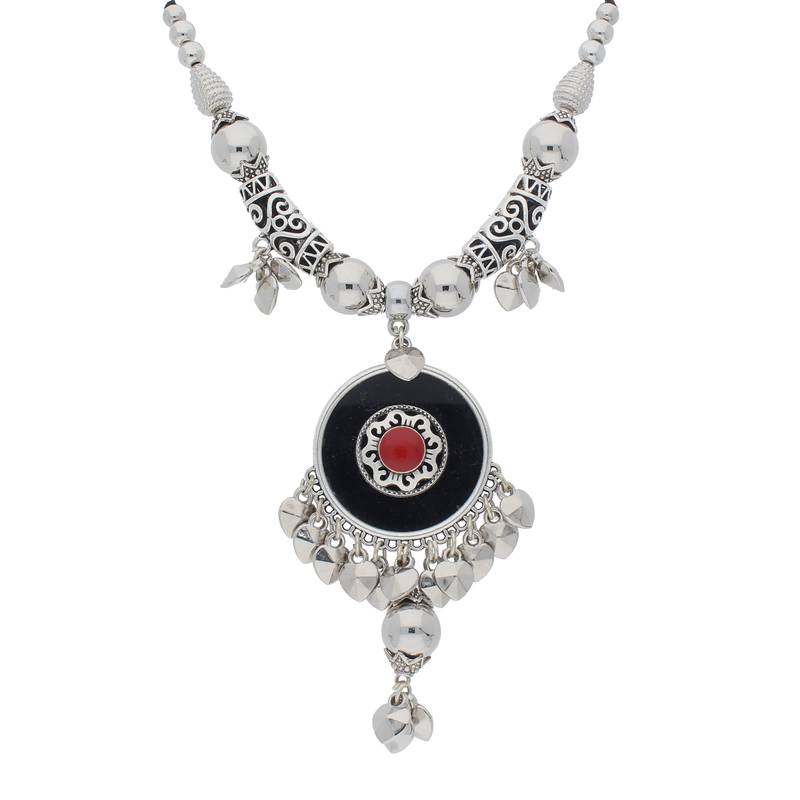 Oxidised Silver Plated Multi Colour Necklace Set With Earrings For Women