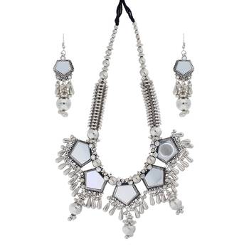 Oxidised Silver Plated Mirror Work Necklace Set With Earrings For Women 1