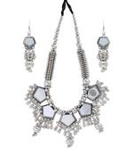 Oxidised Silver Plated Mirror Work Necklace Set With Earrings For Women