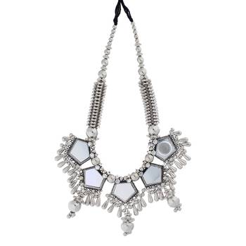 Oxidised Silver Plated Mirror Work Necklace Set With Earrings For Women 2
