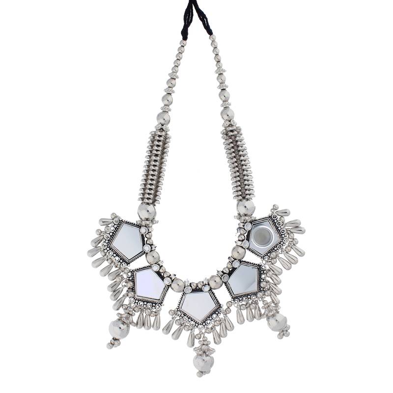 Oxidised Silver Plated Mirror Work Necklace Set With Earrings For Women