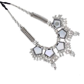 Oxidised Silver Plated Mirror Work Necklace Set With Earrings For Women 3