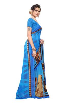 Blue Printed Georgette Saree With Blouse 3