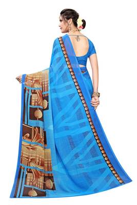Blue Printed Georgette Saree With Blouse 4