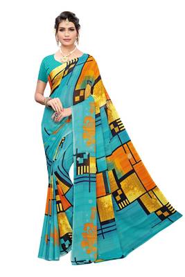 Blue Printed Georgette Saree With Blouse 1