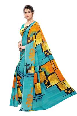 Blue Printed Georgette Saree With Blouse 2